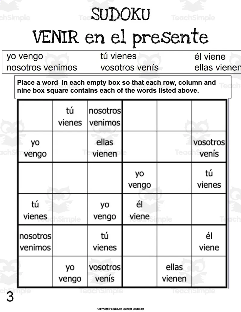 Spanish VENIR Present Tense Sudoku by Teach Simple