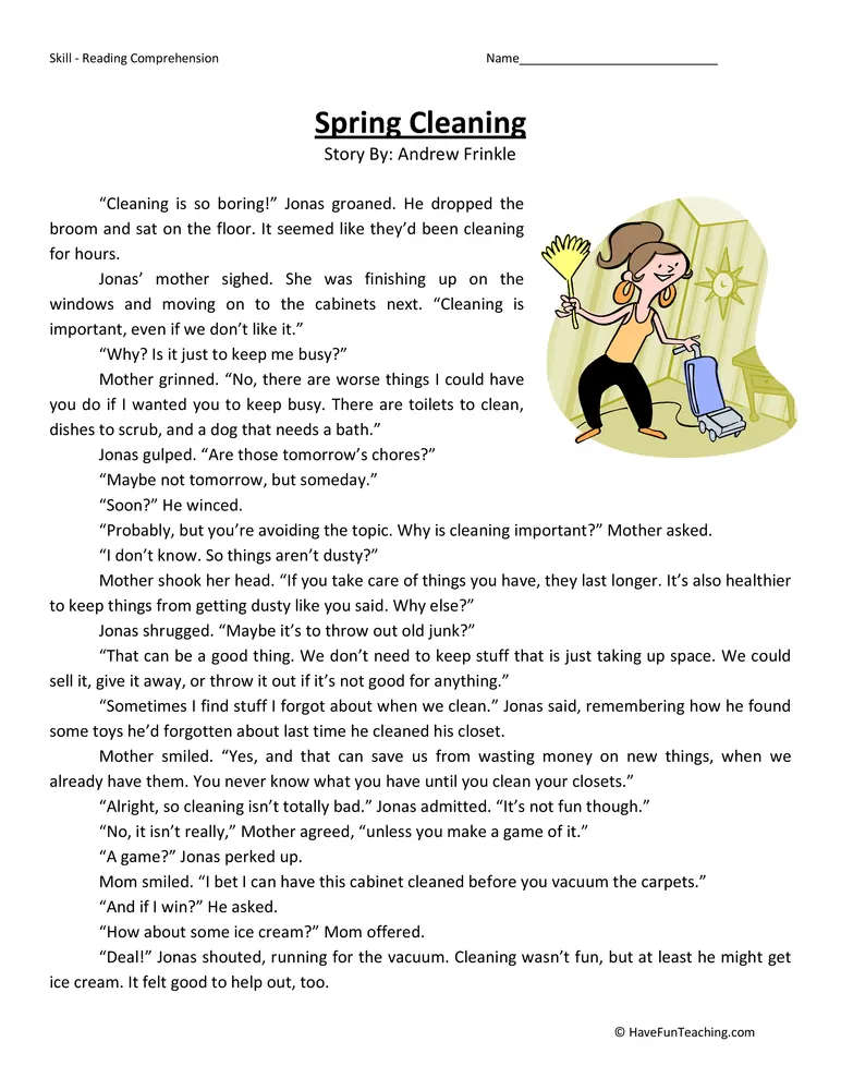 An educational teaching resource from Have Fun Teaching entitled Spring Cleaning Reading Comprehension Worksheet downloadable at Teach Simple.