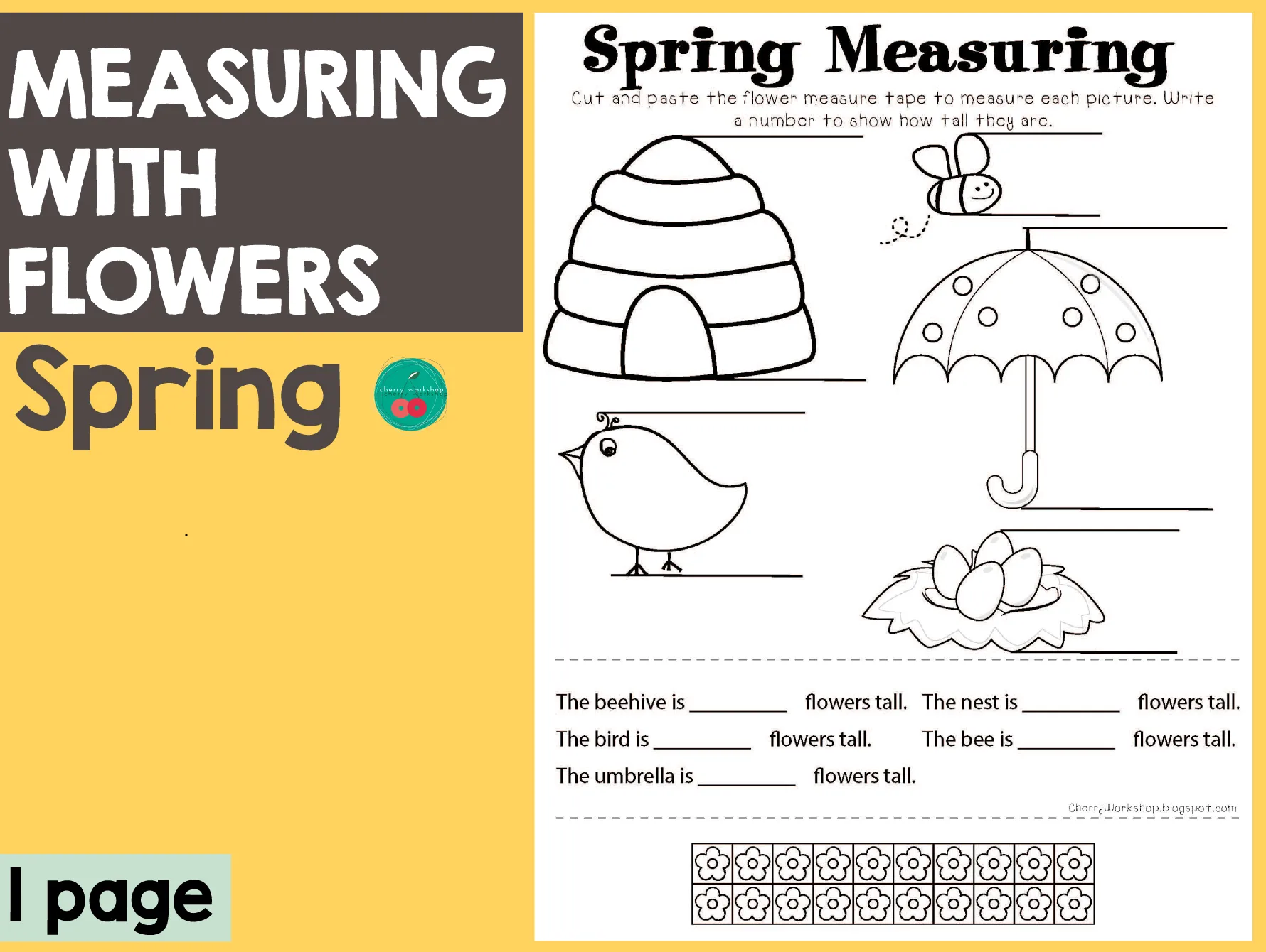 An educational teaching resource from Cherry Workshop entitled Spring Measuring With Flowers downloadable at Teach Simple.