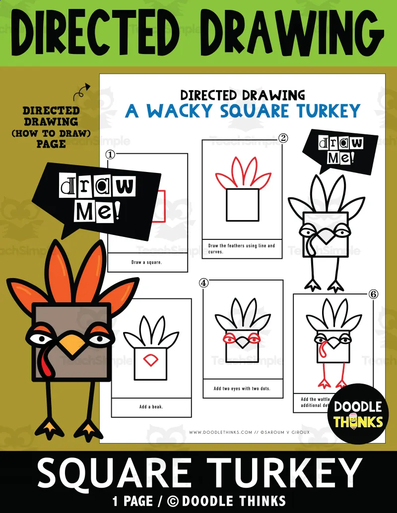 An educational teaching resource from Doodle Thinks entitled Square Turkey Directed Drawing downloadable at Teach Simple.