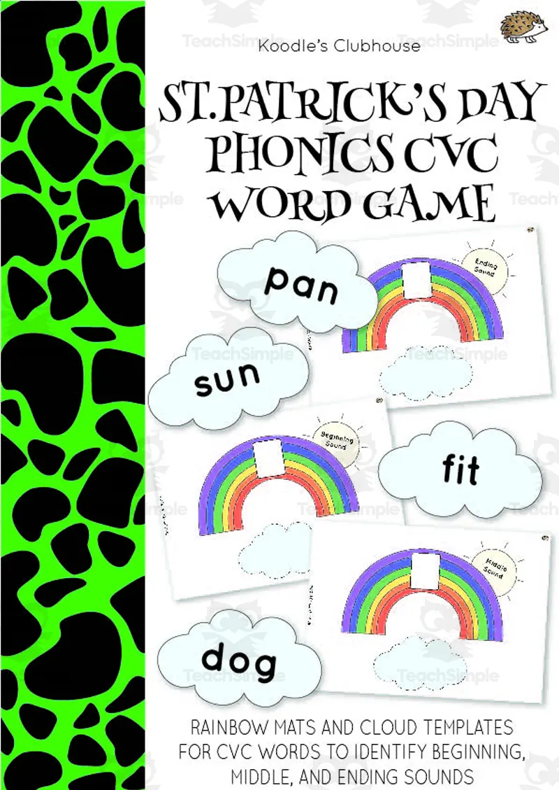 An educational teaching resource from Koodles Clubhouse entitled St. Patrick's Day Phonics CVC Words Game downloadable at Teach Simple.