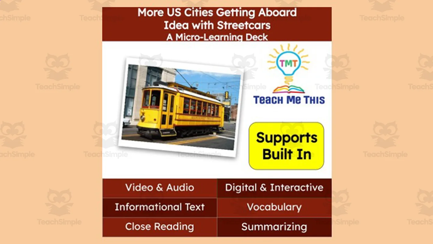 An educational teaching resource from Teach Me This entitled Streetcars | Reading Comprehension Deck | Interactive Lesson downloadable at Teach Simple.