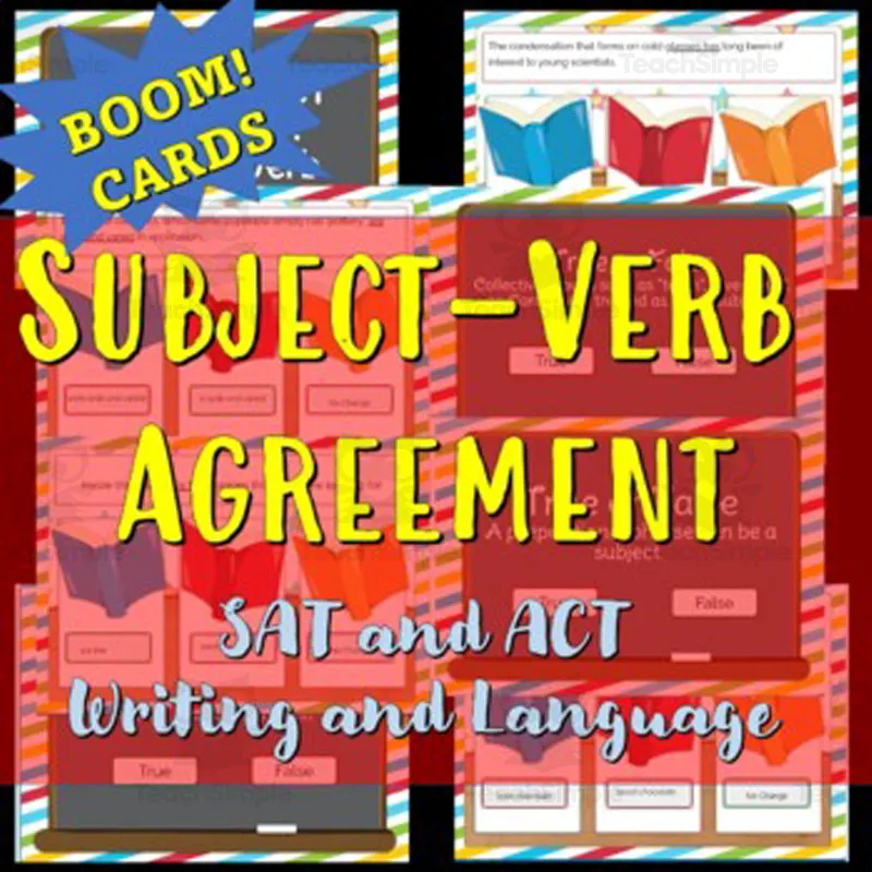 An educational teaching resource from Educate and Create entitled Subject- Verb Agreement: SAT Grammar Boom Cards- Distance Learning downloadable at Teach Simple.