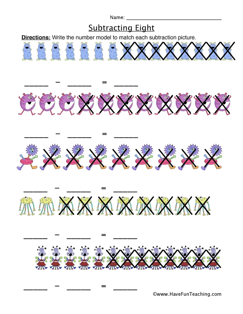 An educational teaching resource from Have Fun Teaching entitled Subtracting Eight Writing Equations Worksheet downloadable at Teach Simple.