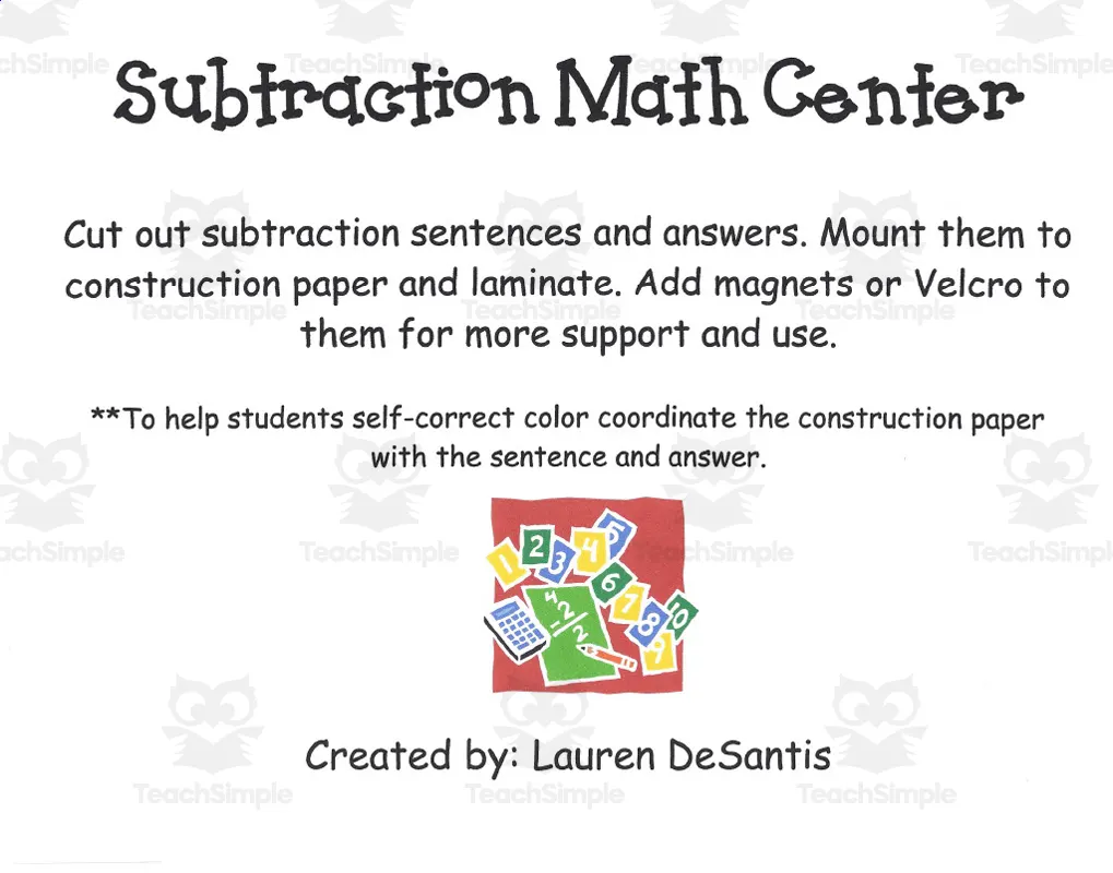 An educational teaching resource from Lauren DeSantis entitled Subtraction Math Center downloadable at Teach Simple.