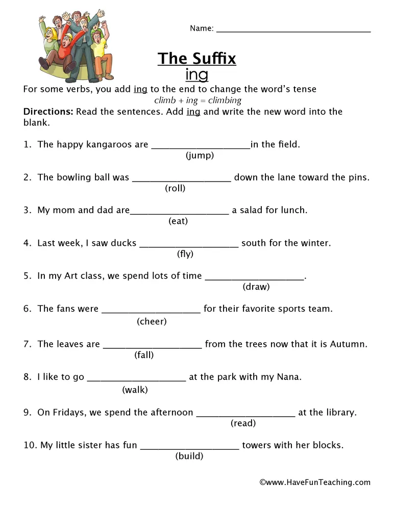 An educational teaching resource from Have Fun Teaching entitled Suffix ING Worksheet downloadable at Teach Simple.