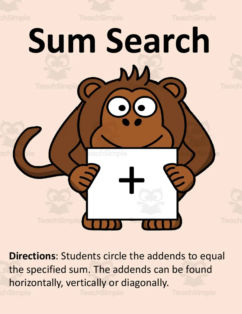 An educational teaching resource from Mister G's Teacher Shop entitled Sum Search Math Activity downloadable at Teach Simple.