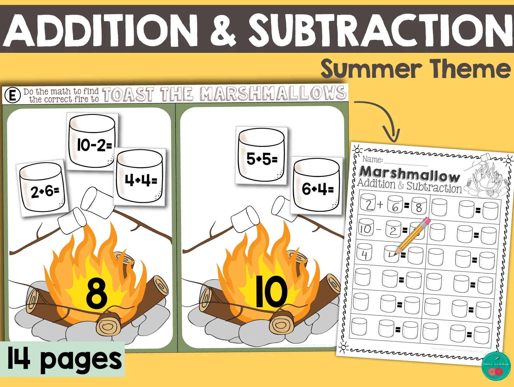 An educational teaching resource from Cherry Workshop entitled Summer Addition & Subtraction Math Center downloadable at Teach Simple.