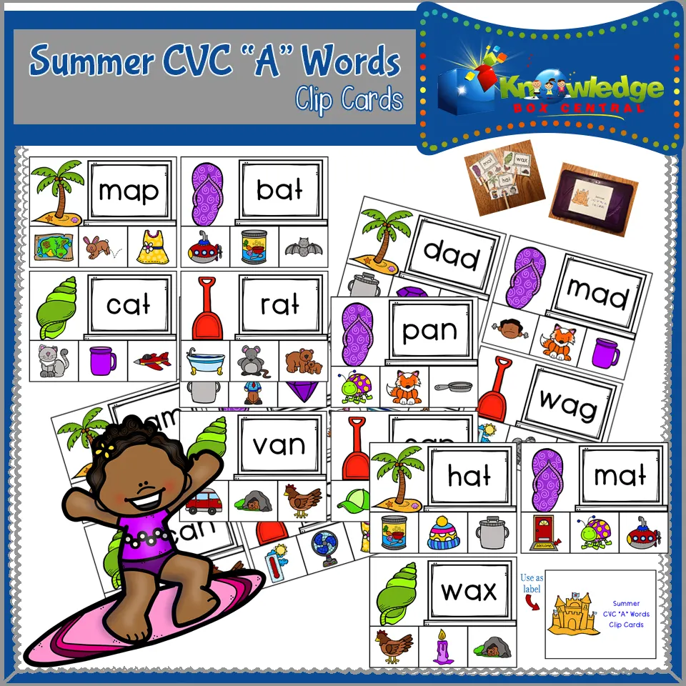 An educational teaching resource from Knowledge Box Central entitled Summer CVC "A" Words Clip Cards - EBOOK downloadable at Teach Simple.