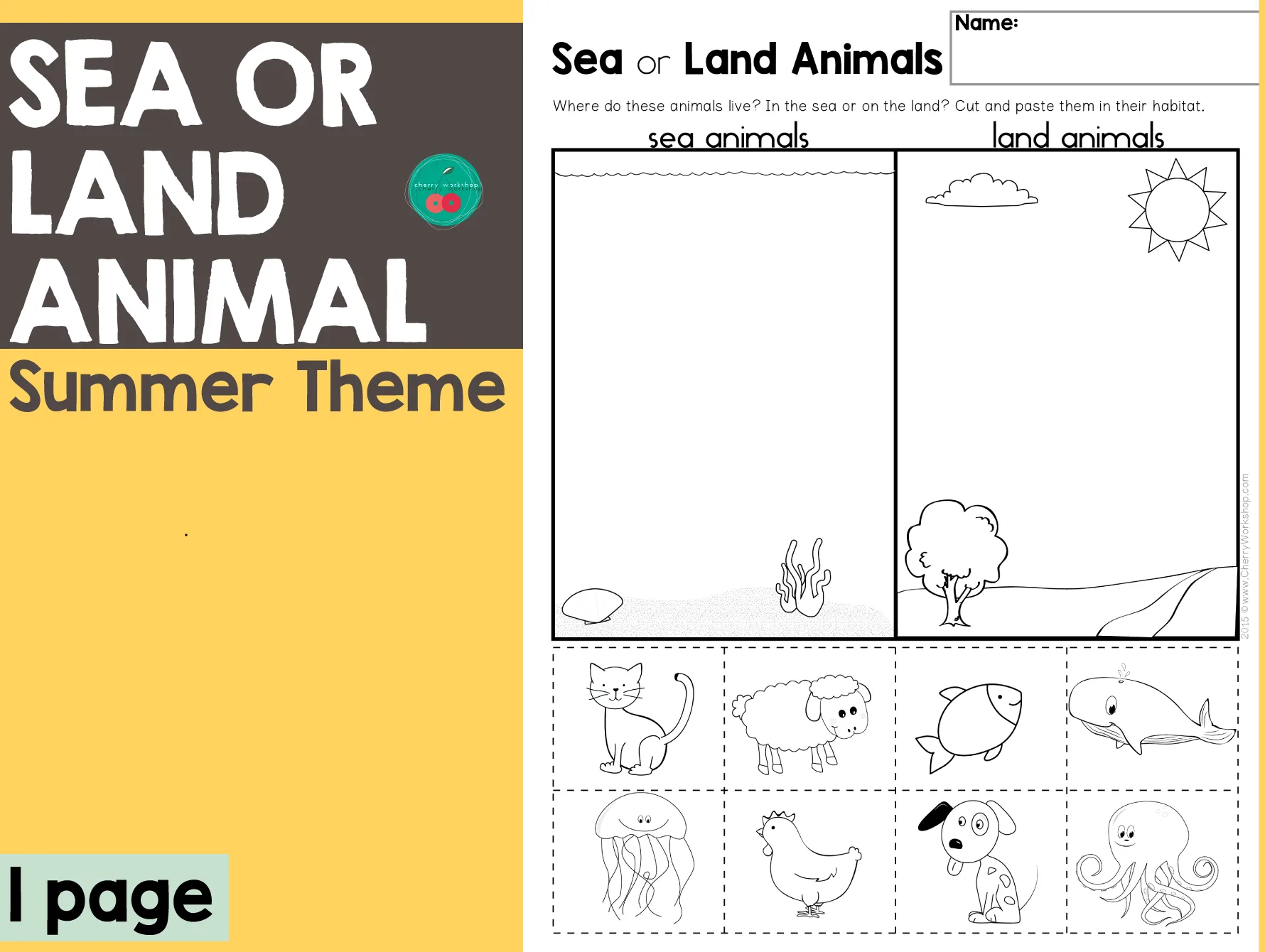 An educational teaching resource from Cherry Workshop entitled Summer Sea or Land Animal downloadable at Teach Simple.