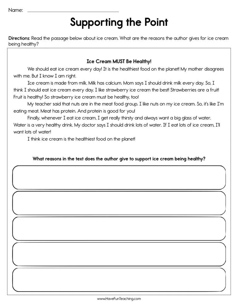 An educational teaching resource from Have Fun Teaching entitled Supporting the Point Worksheet downloadable at Teach Simple.