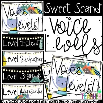 An educational teaching resource from The Simplistic Teacher entitled Sweet Scandinavian Modern Voice Levels Posters downloadable at Teach Simple.