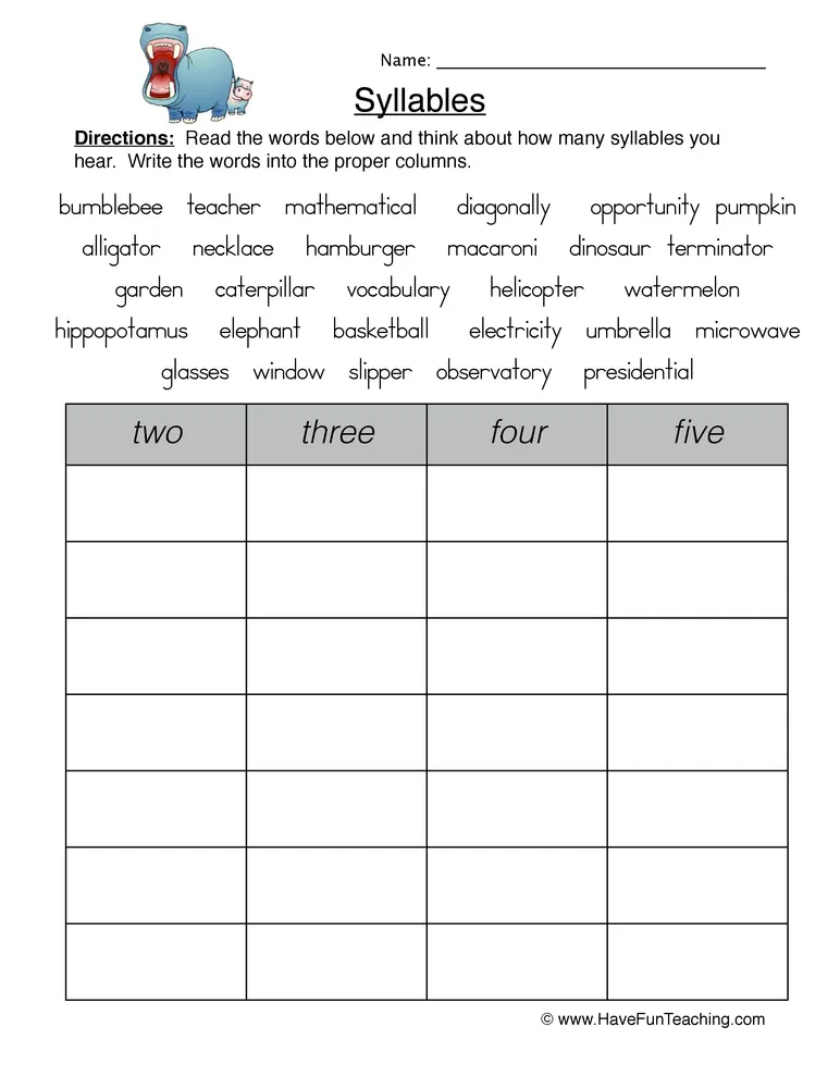 An educational teaching resource from Have Fun Teaching entitled Syllable Sorting Worksheet downloadable at Teach Simple.