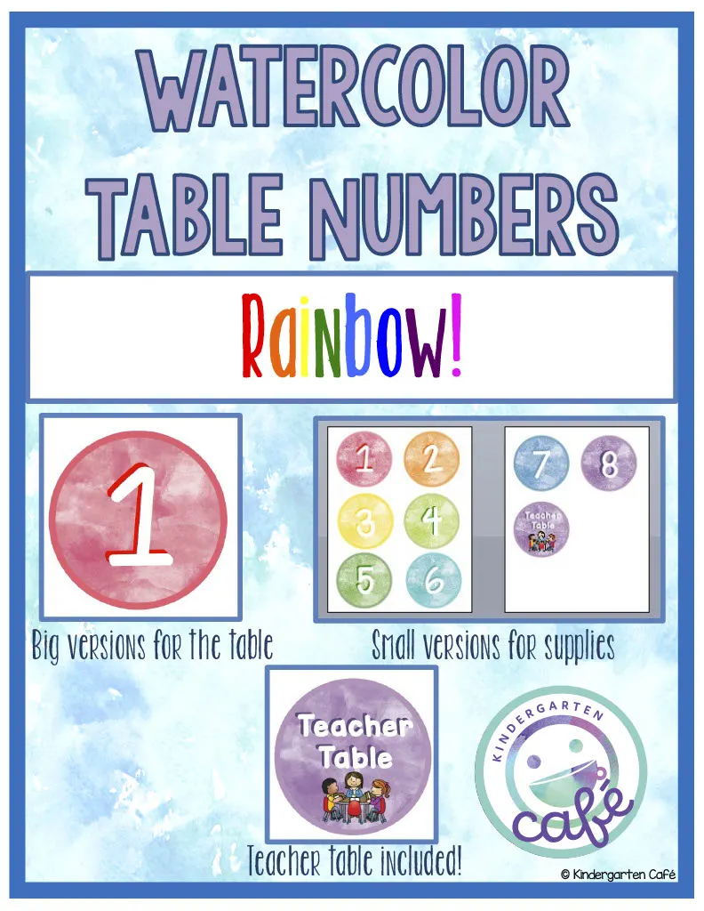 An educational teaching resource from Kindergarten Cafe entitled Table Numbers | Rainbow Watercolor Theme downloadable at Teach Simple.