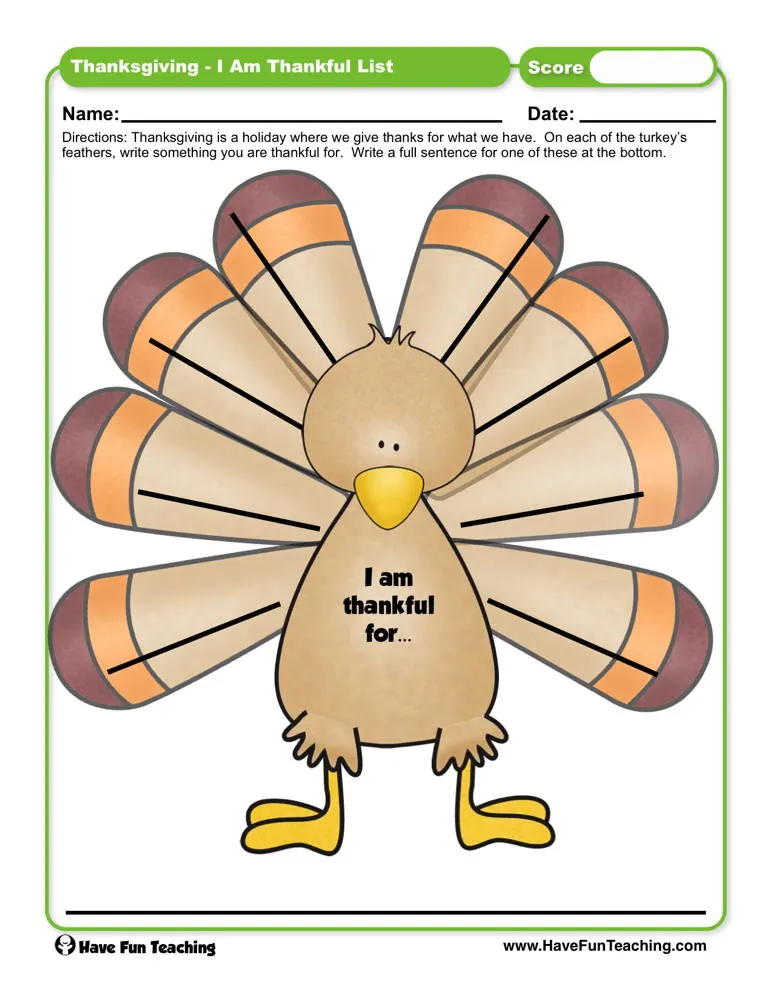 An educational teaching resource from Have Fun Teaching entitled Thanksgiving I am Thankful List Worksheet downloadable at Teach Simple.