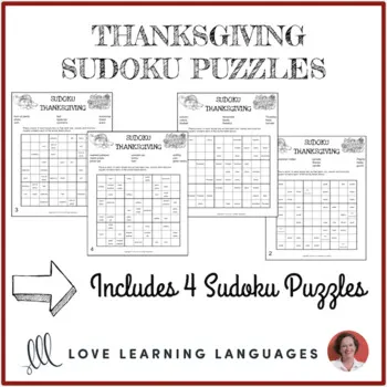 An educational teaching resource from Love Learning Languages entitled Thanksgiving Sudoko Puzzles downloadable at Teach Simple.