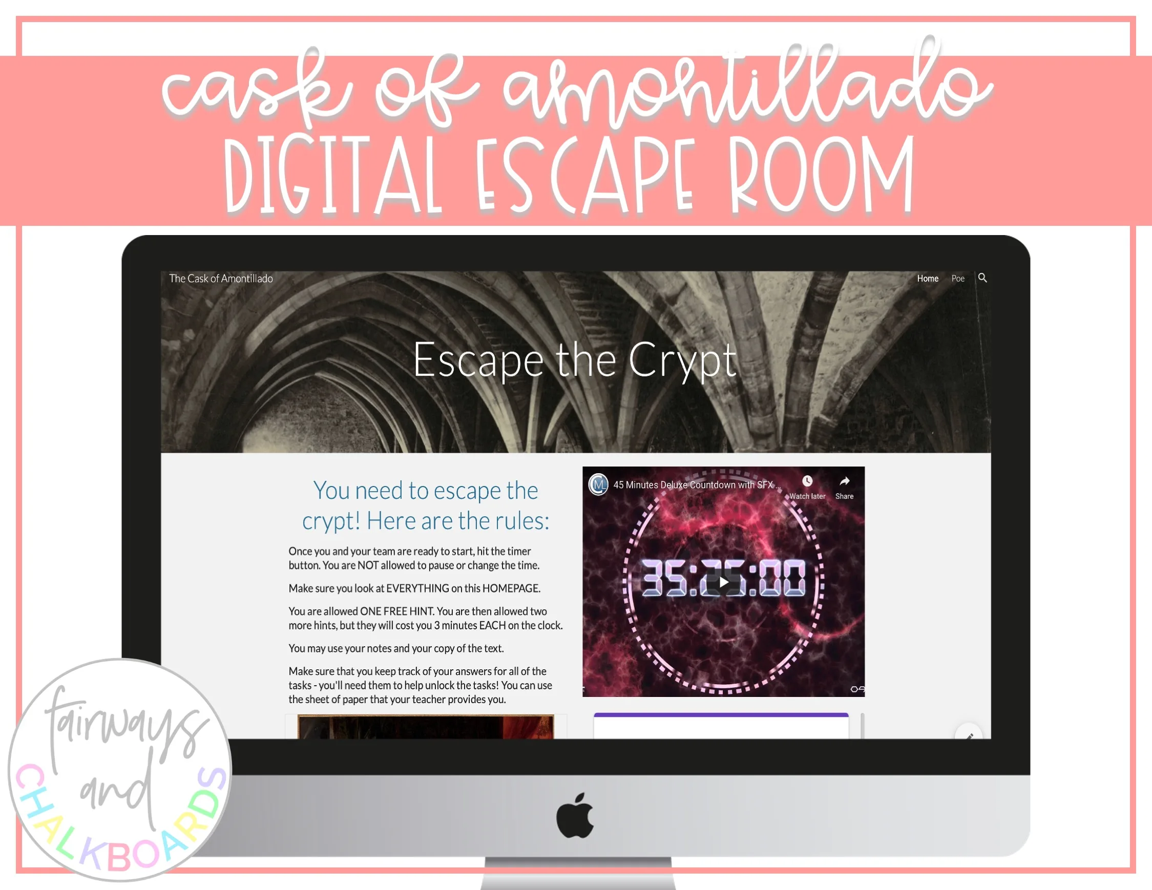 An educational teaching resource from Fairways and Chalkboards entitled The Cask of Amontillado Digital Escape Room downloadable at Teach Simple.