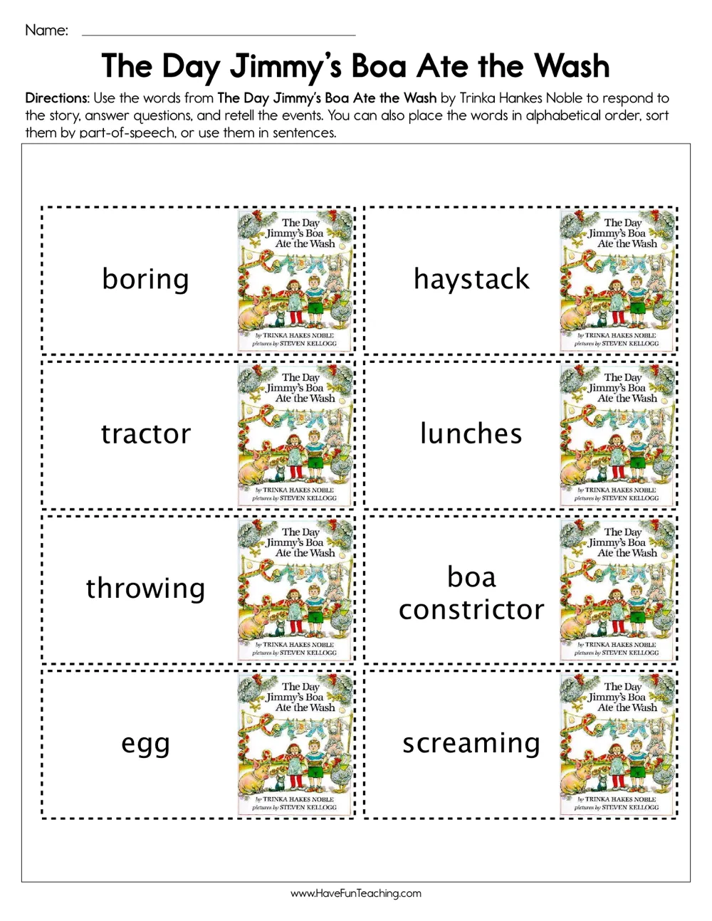 An educational teaching resource from Have Fun Teaching entitled The Day Jimmy's Boa Ate The Wash Worksheet downloadable at Teach Simple.