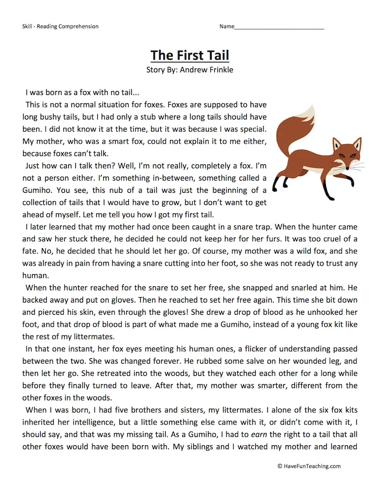 An educational teaching resource from Have Fun Teaching entitled The First Tail Reading Comprehension Worksheet downloadable at Teach Simple.