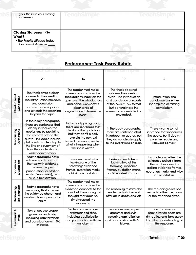 An educational teaching resource from ELA Resources entitled The Pearl Written Response Journals downloadable at Teach Simple.