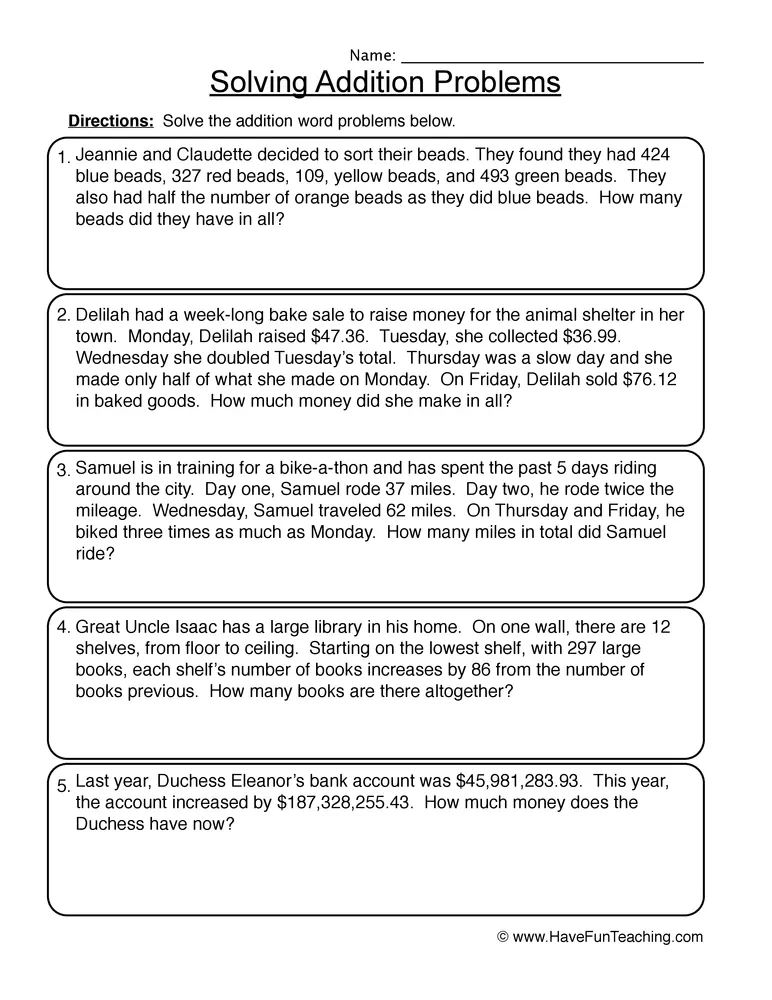 An educational teaching resource from Have Fun Teaching entitled Three Addends to Thousand Addition Word Problems Worksheet downloadable at Teach Simple.