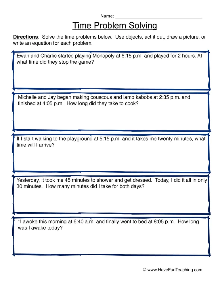 An educational teaching resource from Have Fun Teaching entitled Time Word Problem Solving Worksheet downloadable at Teach Simple.