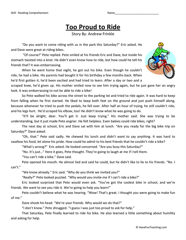 Too Proud To Ride Reading Comprehension Worksheet by Teach Simple