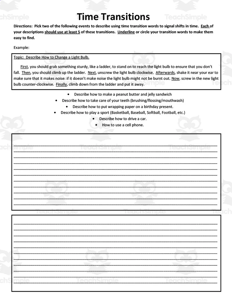 Transitions Practice Worksheets by Teach Simple