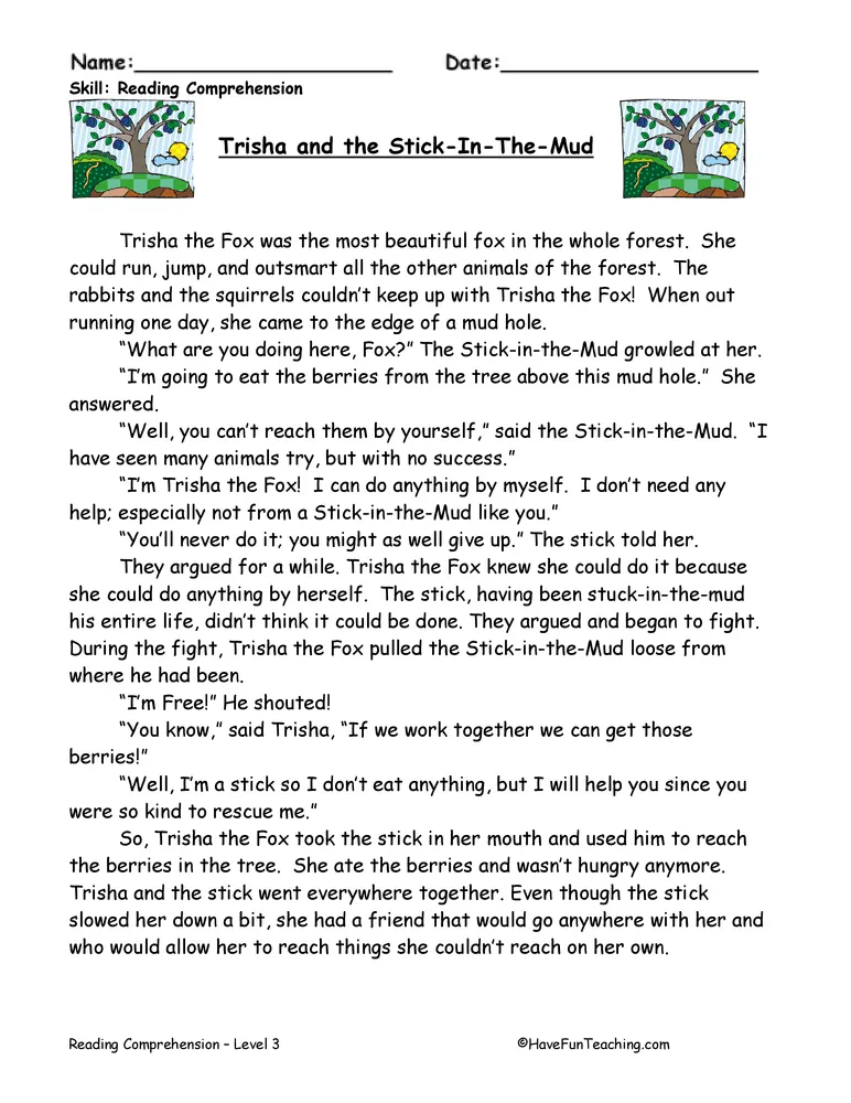 Trisha and the Stick in the Mud Reading Comprehension Worksheet by Trisha and the Stick in the Mud Reading Comprehension Worksheet by