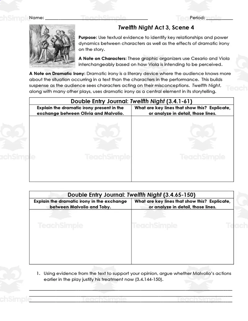 An educational teaching resource from ELA Resources entitled Twelfth Night Act 3, Scene 4 | Double Entry Journals downloadable at Teach Simple.