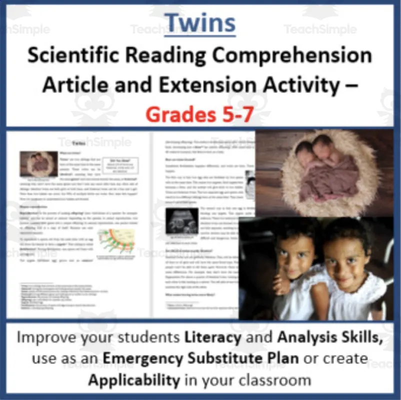 Twins Identical And Fraternal Digital Science Reading Article Grades 5 7 By Teach Simple