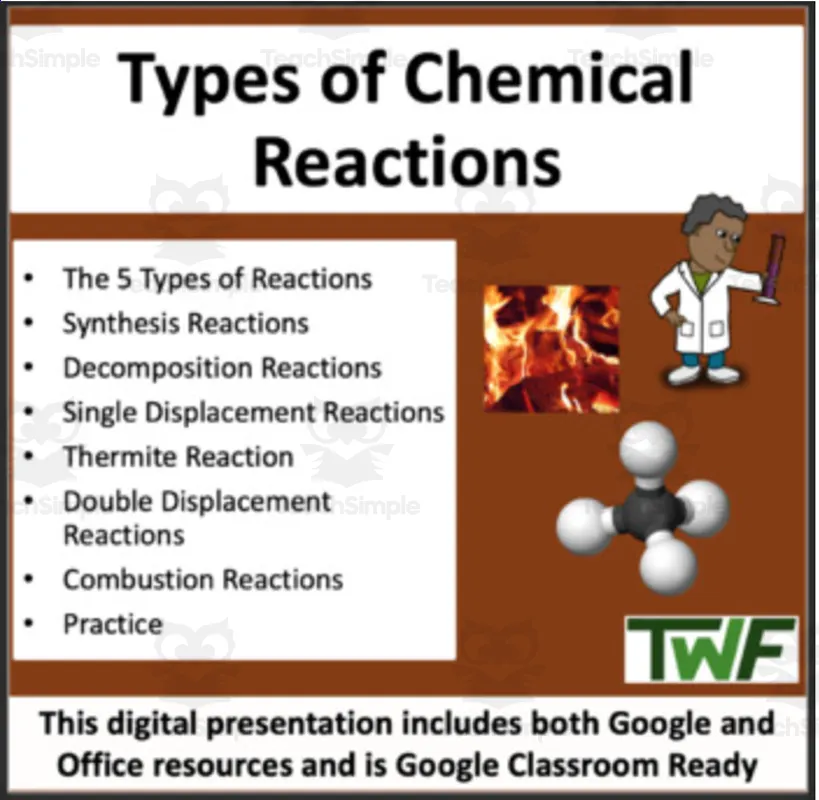 An educational teaching resource from Teach With Fergy entitled Types of Chemical Reactions - Google Slides and PowerPoint Lesson downloadable at Teach Simple.