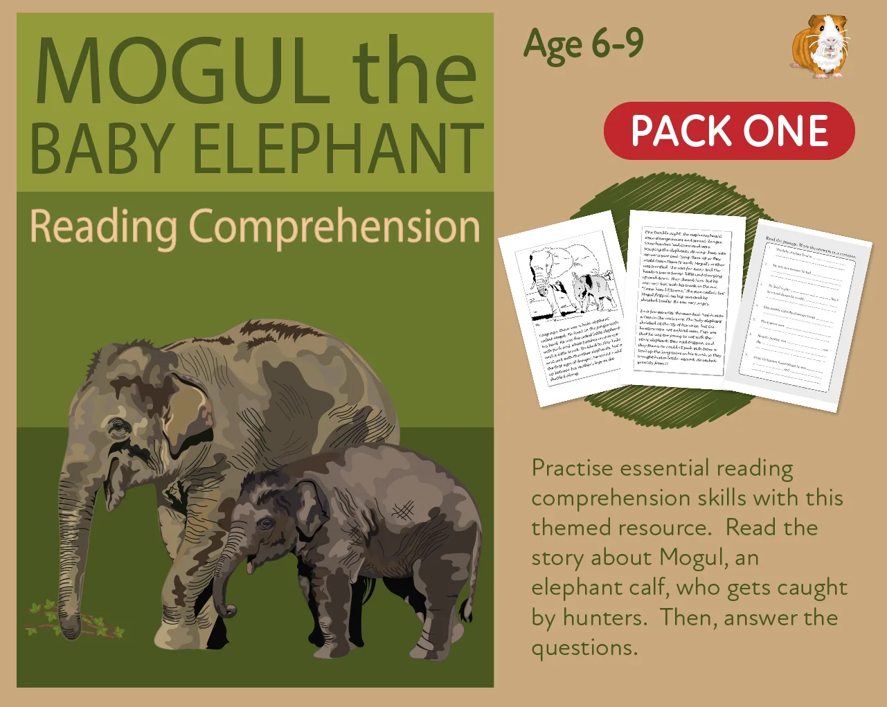 An educational teaching resource from Guinea Pig Education entitled Mogul The Baby Elephant (1) Practise Close Reading Comprehension (6-9 years) downloadable at Teach Simple.