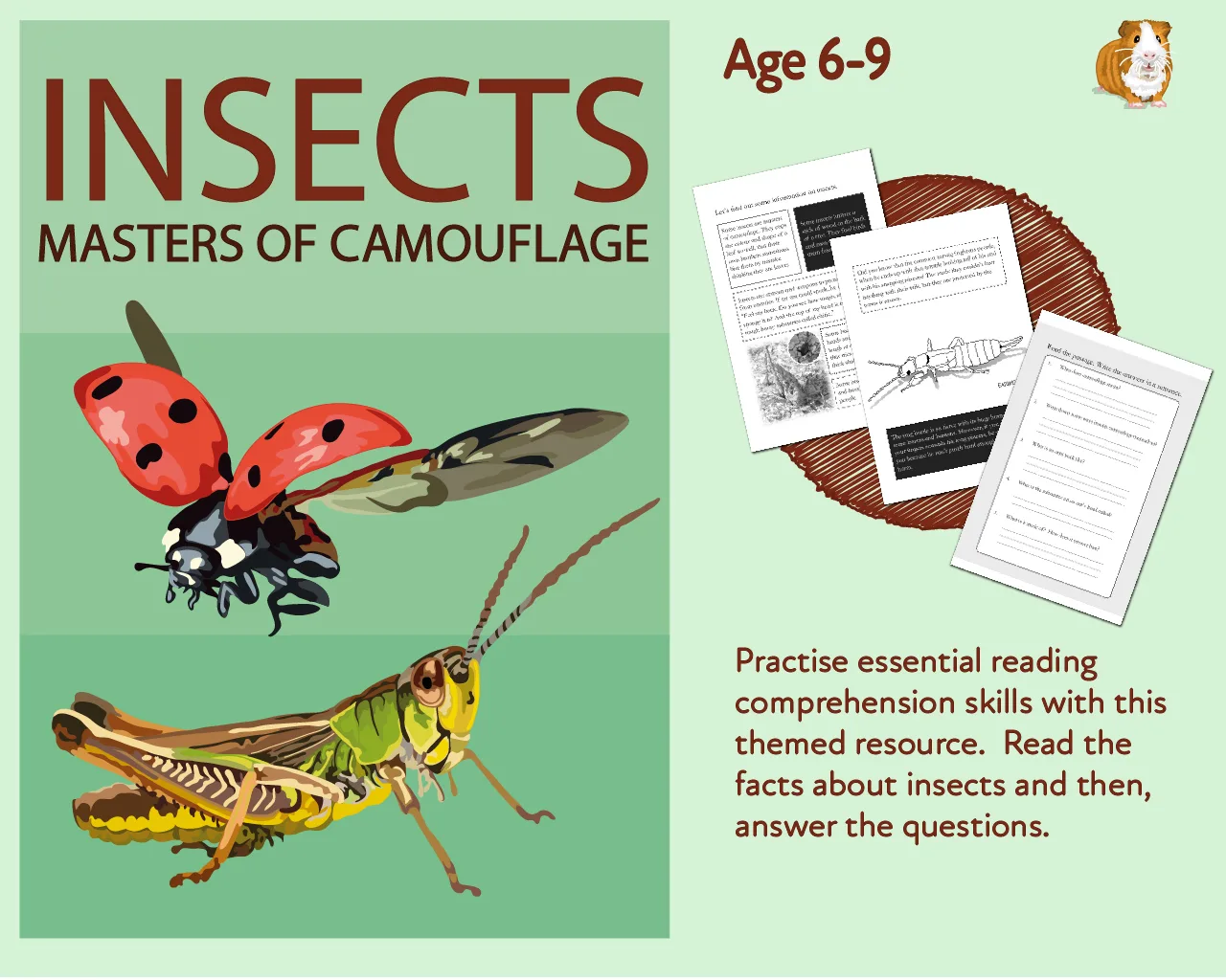 An educational teaching resource from Guinea Pig Education entitled Insects Camouflage: Practise Close Reading Comprehension Skills (6-9 years) downloadable at Teach Simple.