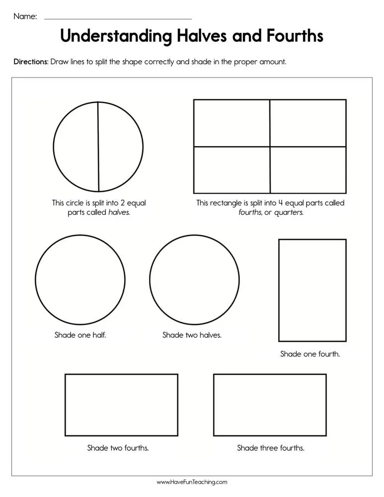 Understanding Halves and Fourths Worksheet by Teach Simple