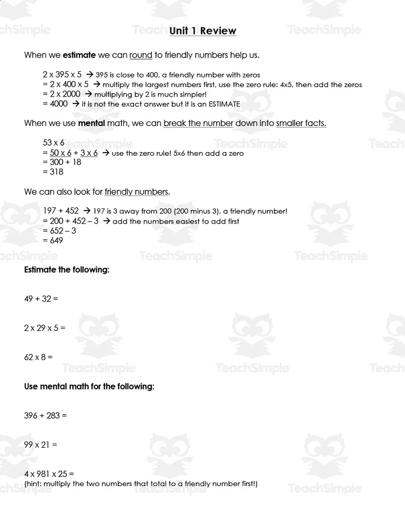 Unit 1 Review: Math Makes Sense by Teach Simple