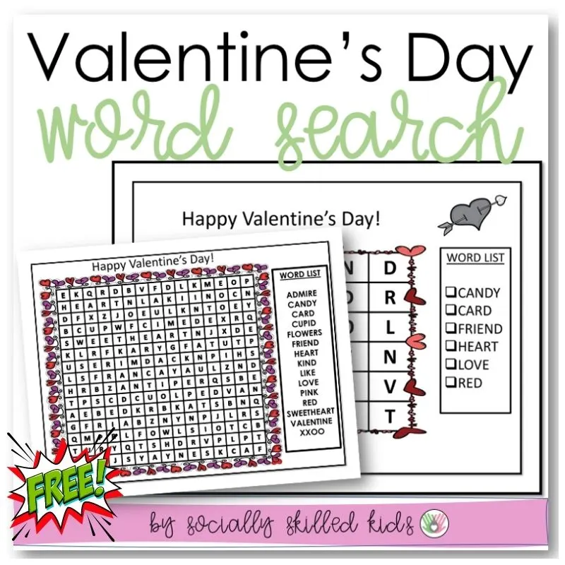 An educational teaching resource from Socially Skilled Kids entitled Valentine's Day Word Search downloadable at Teach Simple.