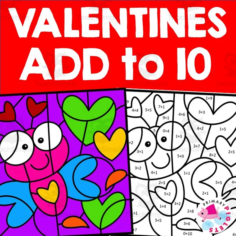 Valentine's Math Coloring Pages Addition to 10 Color by Number Code