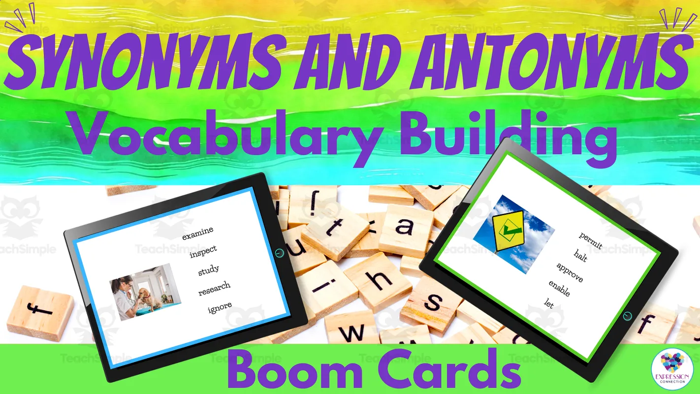 An educational teaching resource from Expression Connection entitled Vocabulary Building Synonyms And Antonyms Boom Cards downloadable at Teach Simple.