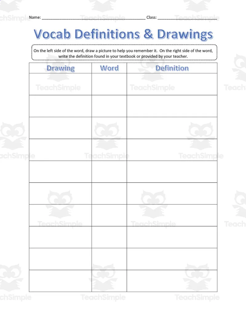 An educational teaching resource from DrDrew entitled Vocabulary Definitions and Drawings Worksheet Set downloadable at Teach Simple.