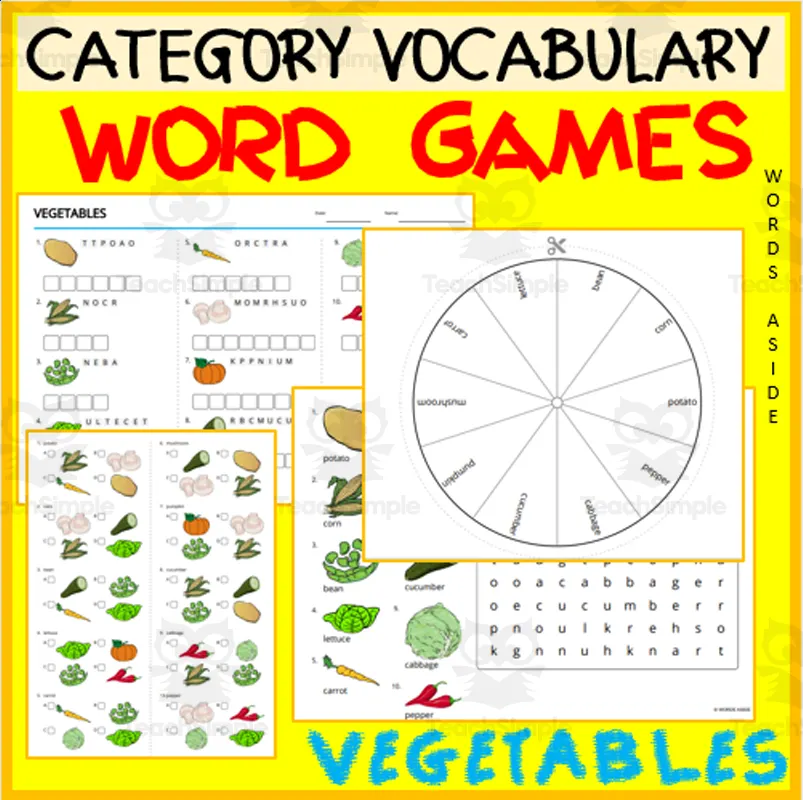 An educational teaching resource from WORDS ASIDE entitled VOCABULARY GAMES ANAGRAM WORDSEARCH QUIZ vegetables downloadable at Teach Simple.