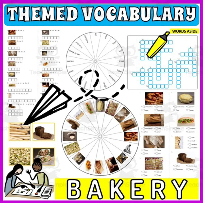 Vocabulary with Flash Cards Crossword Wordsearch Anagram BAKERY by