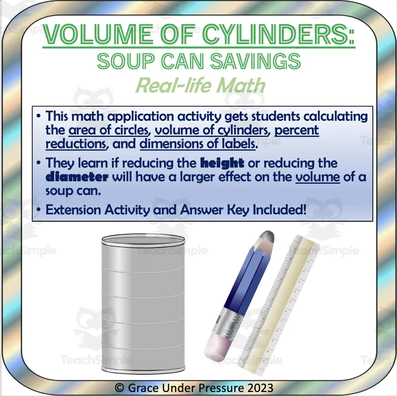 Volume of Cylinders Middle School Geometry Word Problem Soup Cans by