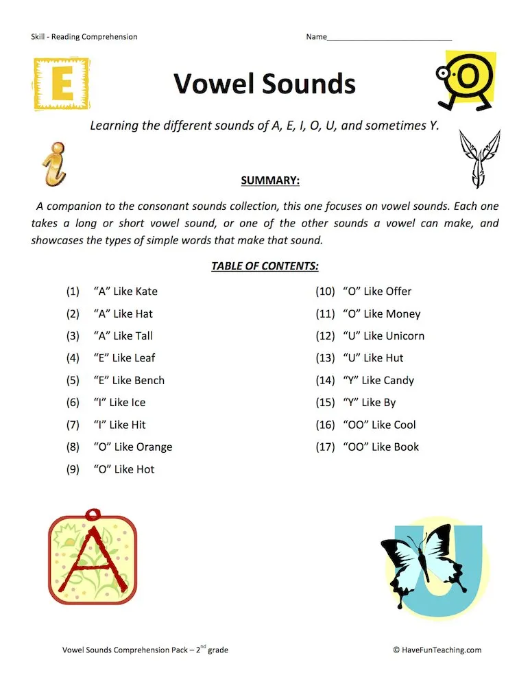 An educational teaching resource from Have Fun Teaching entitled Vowel Sounds Reading Comprehension Test Collection downloadable at Teach Simple.