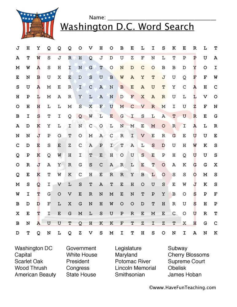 Washington D.C. Word Search Worksheet by Teach Simple