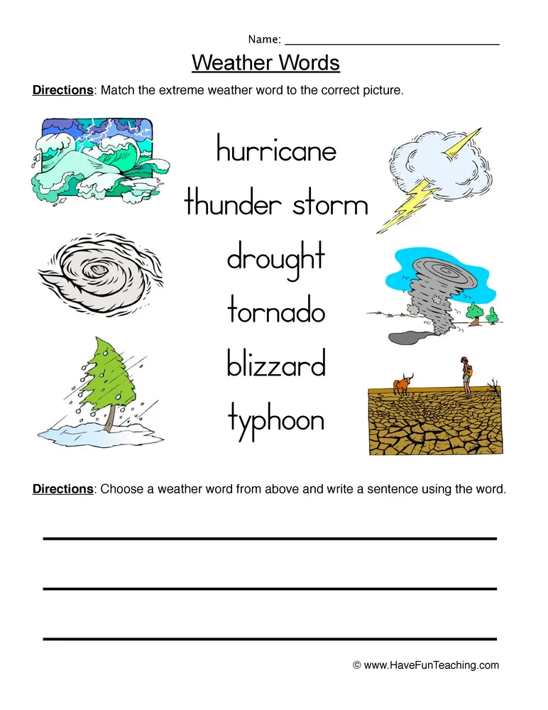 An educational teaching resource from Have Fun Teaching entitled Weather Matching Worksheet downloadable at Teach Simple.