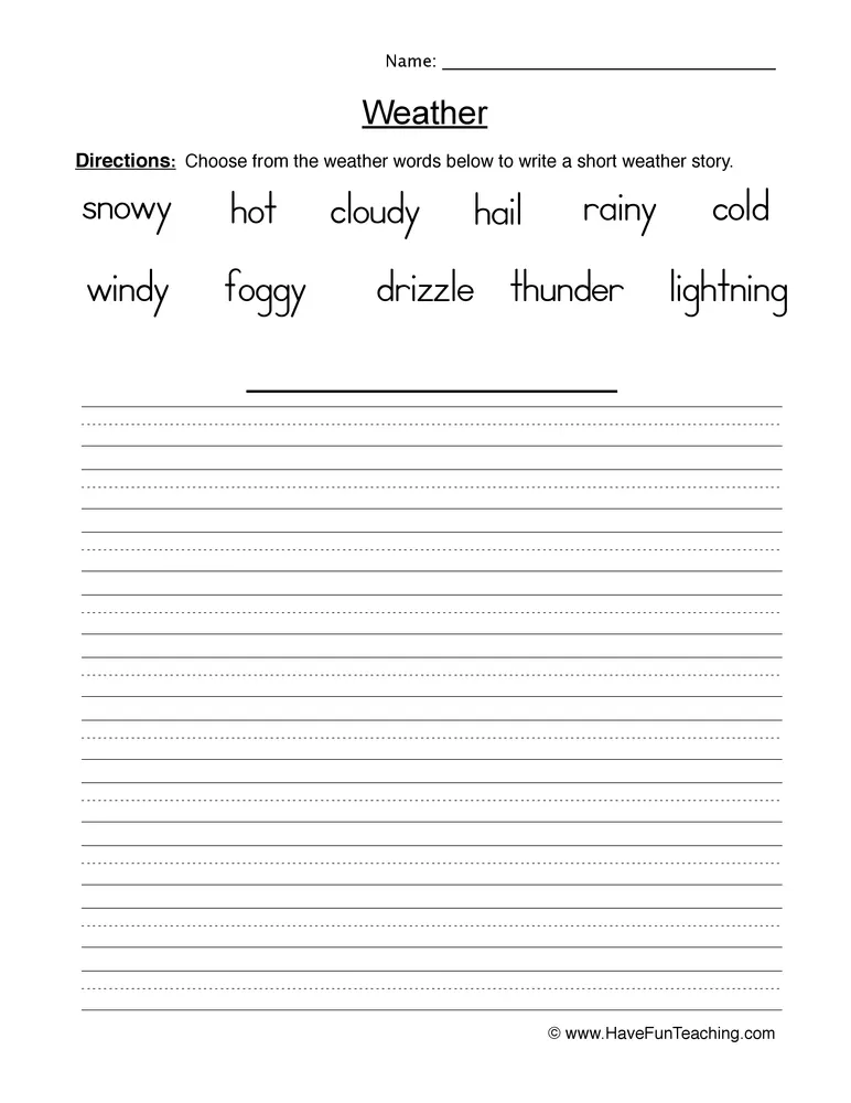 An educational teaching resource from Have Fun Teaching entitled Weather Writing Worksheet downloadable at Teach Simple.