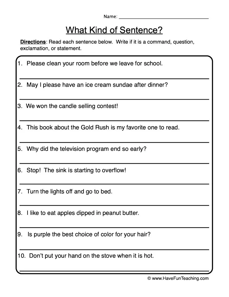 An educational teaching resource from Have Fun Teaching entitled What Kind of Sentence? Worksheet downloadable at Teach Simple.