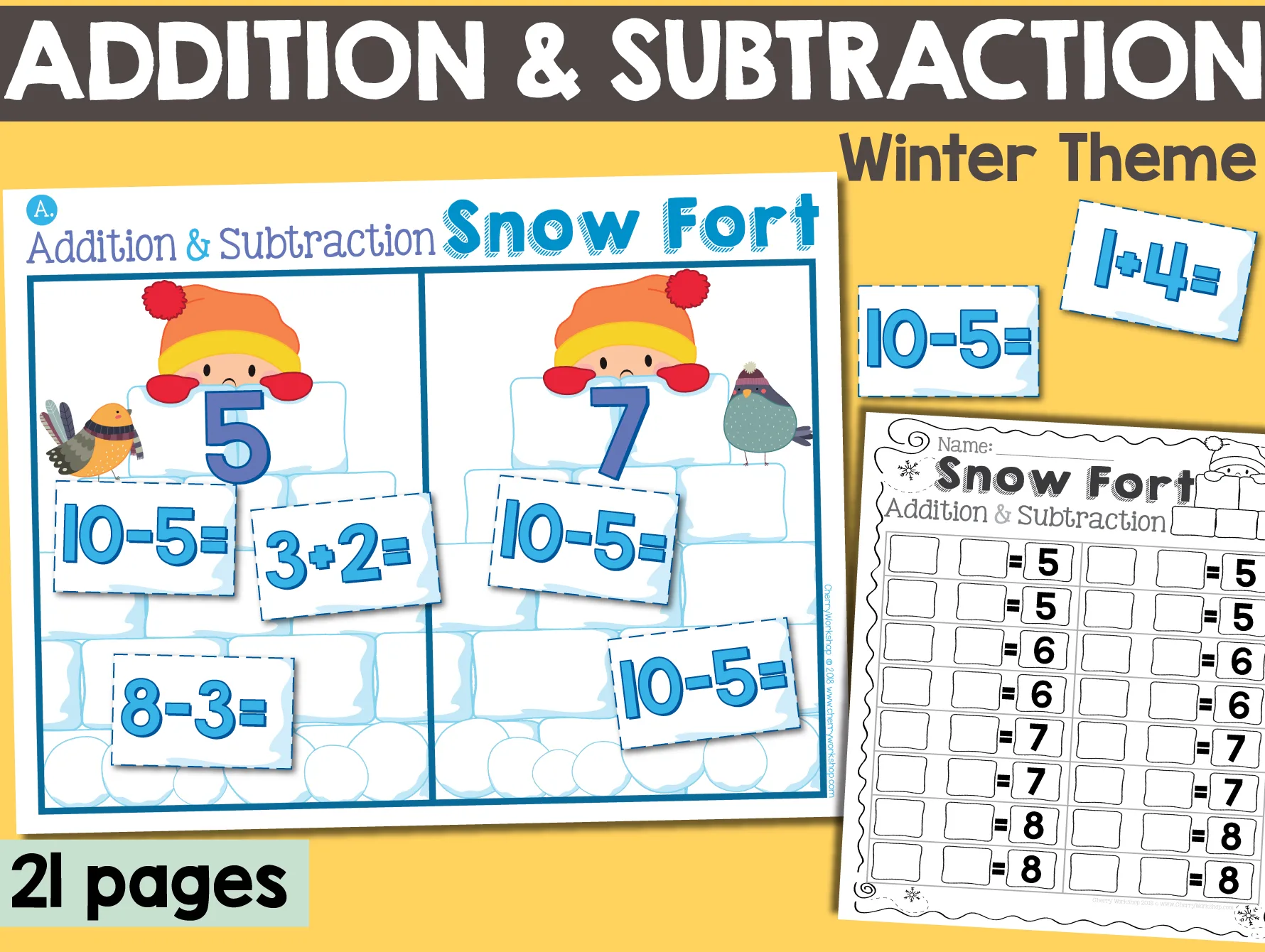 An educational teaching resource from Cherry Workshop entitled Winter Addition & Subtraction downloadable at Teach Simple.