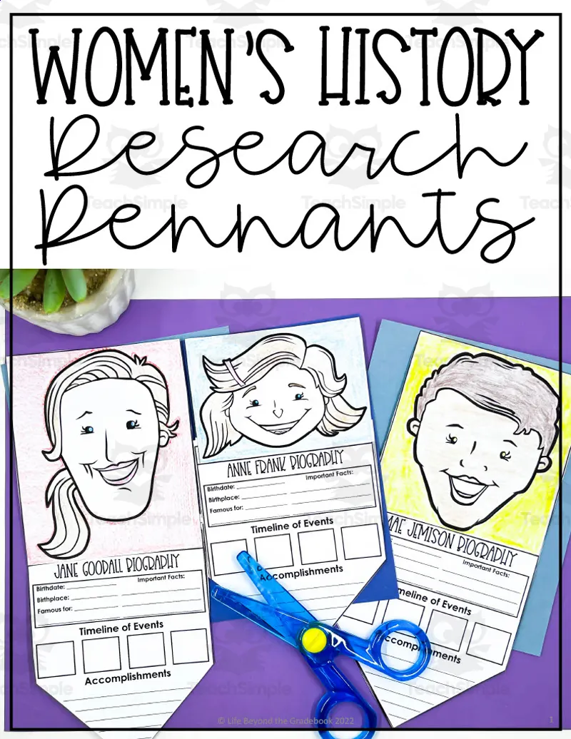 An educational teaching resource from Life Beyond the Gradebook entitled Women's History Research Pennant Banners downloadable at Teach Simple.